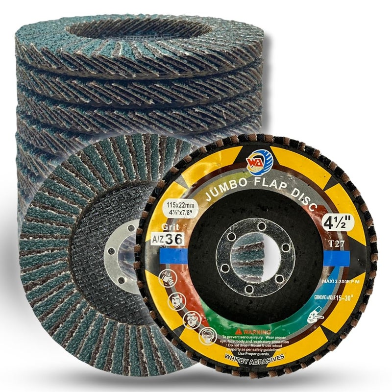 GRINDER WA 10PACK- 4 1/2" x 7/8" inch 36# Industrial Grade Heavy Duty Premium Zirconia/Alumina Jumbo Flap Disc Grinding Sanding Wheel for Angle Grinder with Aggresive Cut, Coarse Grit 36 Type 27 - Image 1